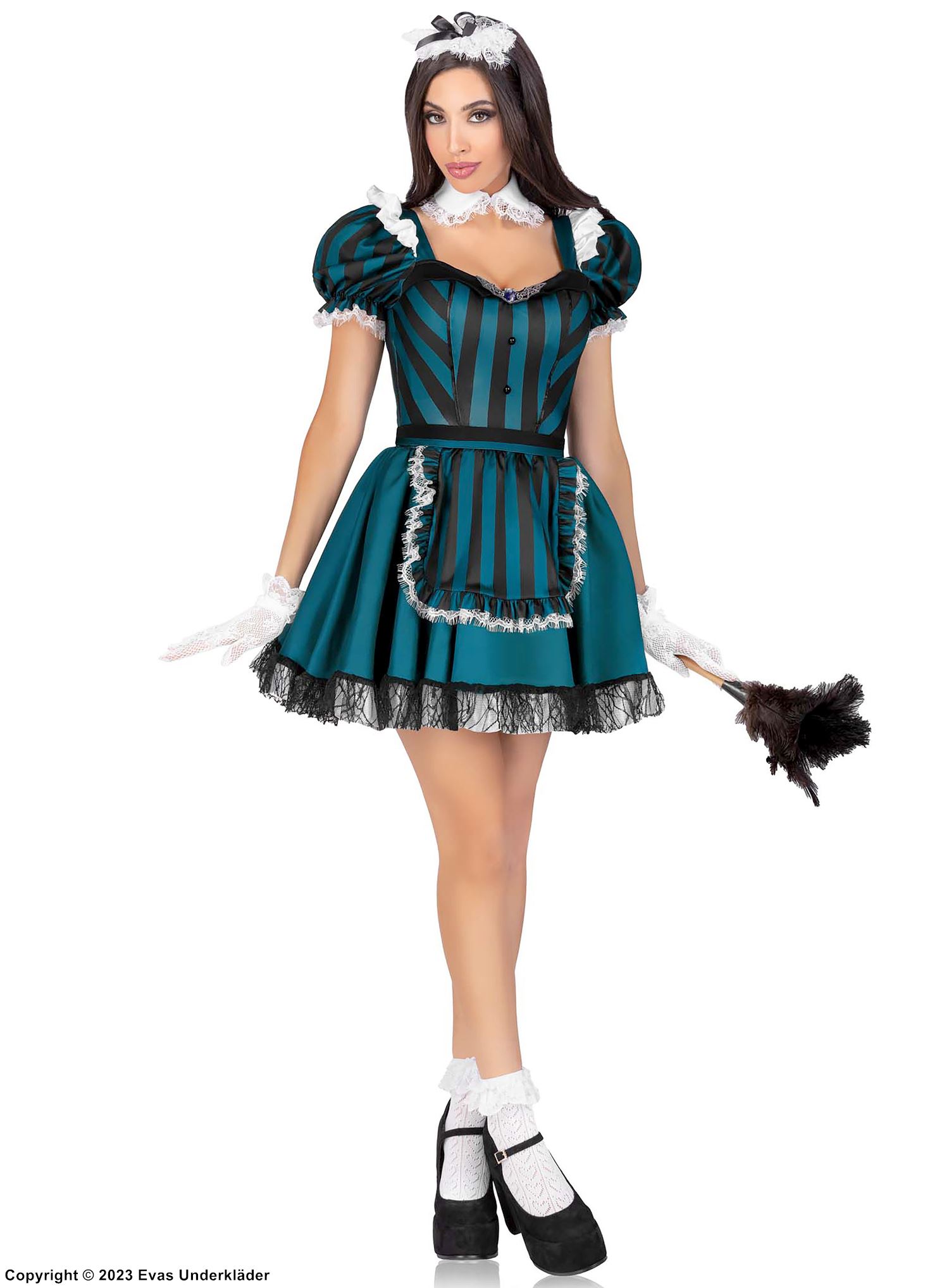 French Maid, Kostüm-Kleid, Rüschenbesatz, Puffärmel, Streifen